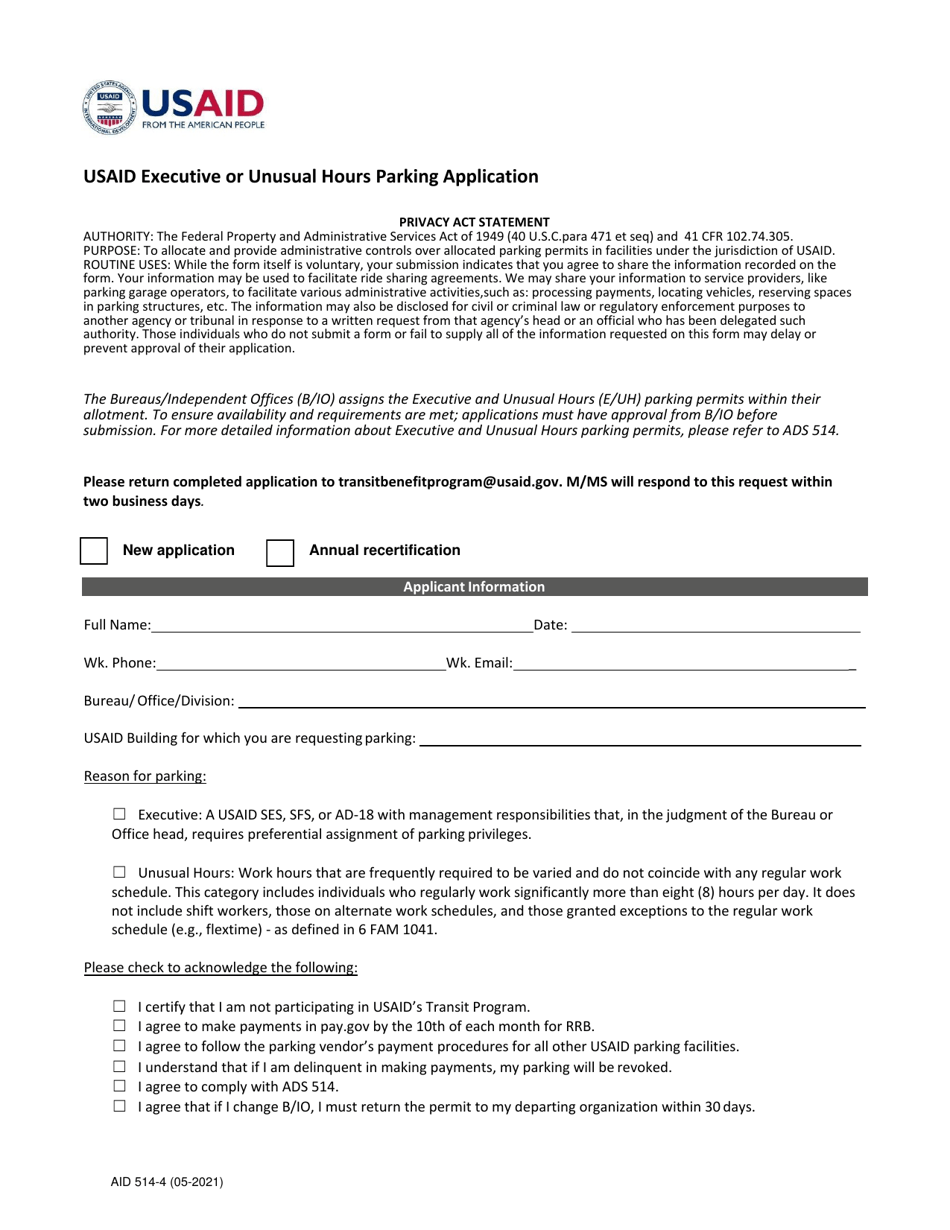 Form AID514-4 Usaid Executive or Unusual Hours Parking Application, Page 1