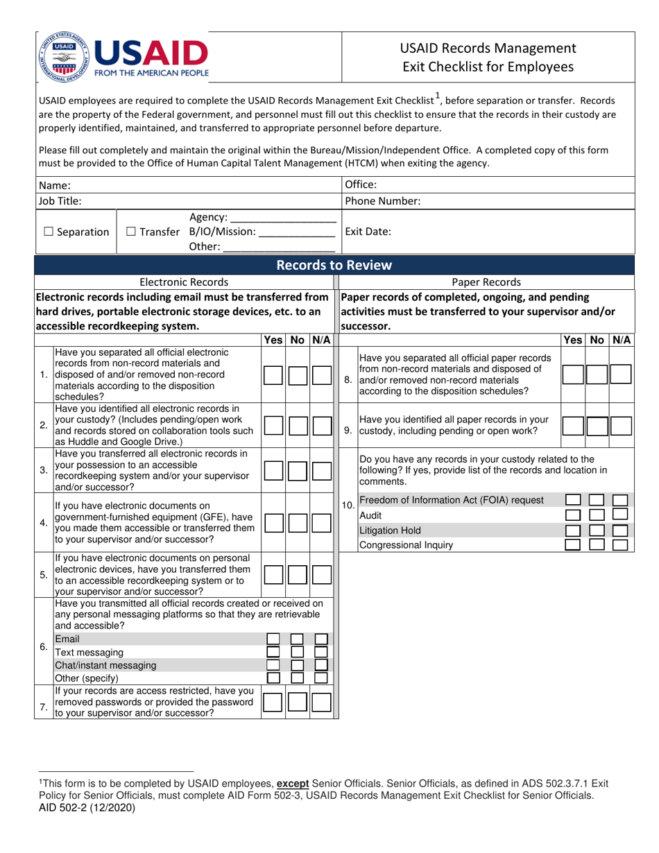 Form AID502-2 Usaid Records Management Exit Checklist for Employees, Page 1