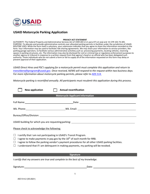 Form AID514-2 Usaid Motorcycle Parking Application