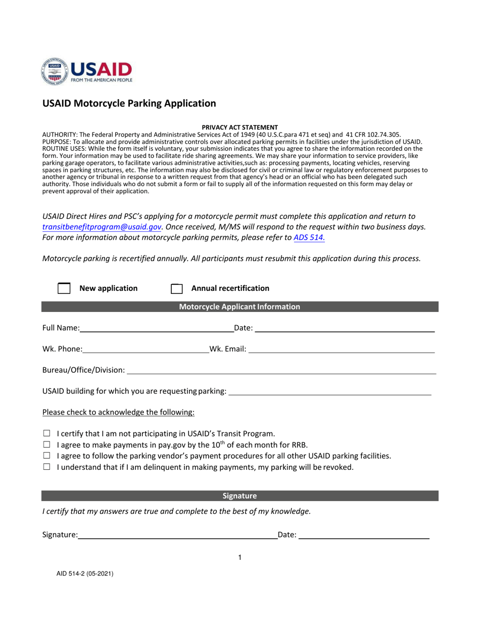 Form AID514-2 Usaid Motorcycle Parking Application, Page 1