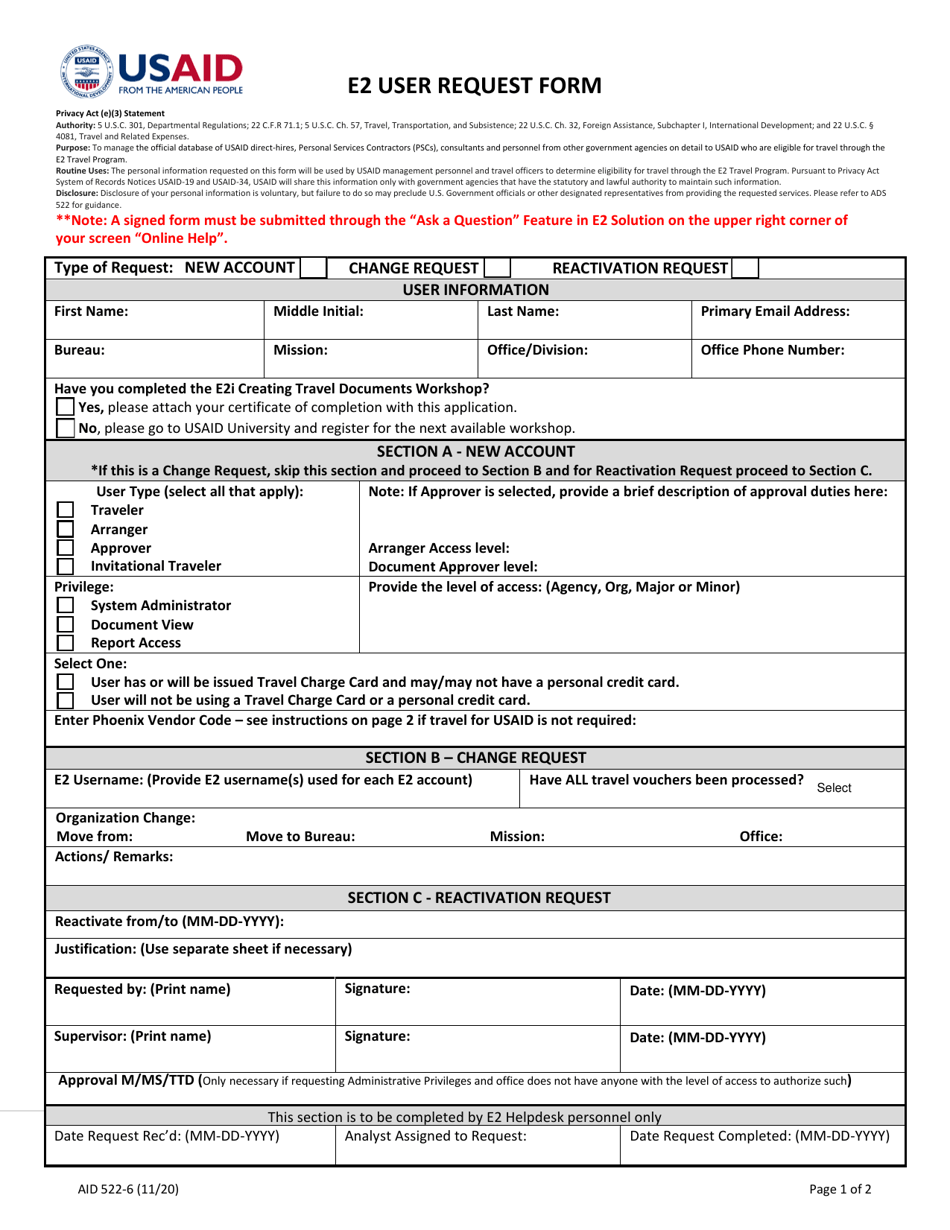 Form AID522-6 E2 User Request Form, Page 1