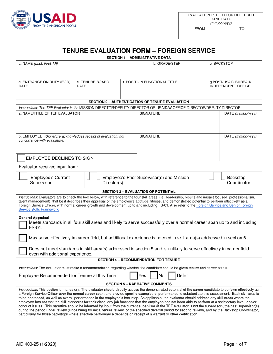 Form AID400-25 Tenure Evaluation Form - Foreign Service, Page 1