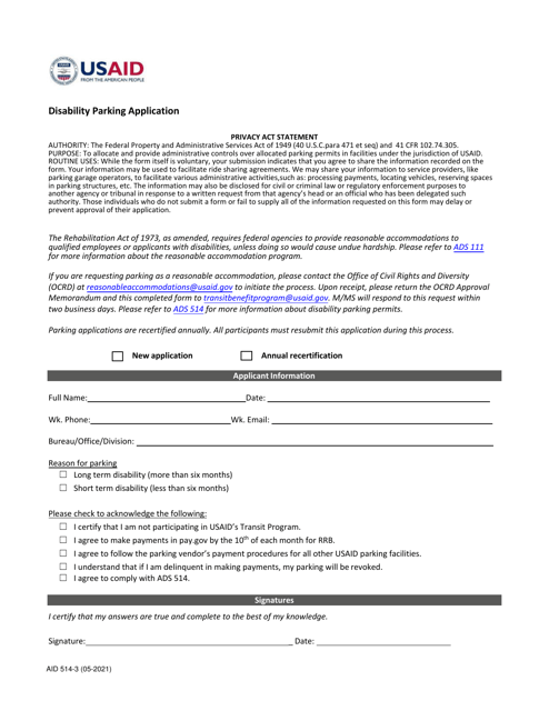 Form AID514-3 Disability Parking Application