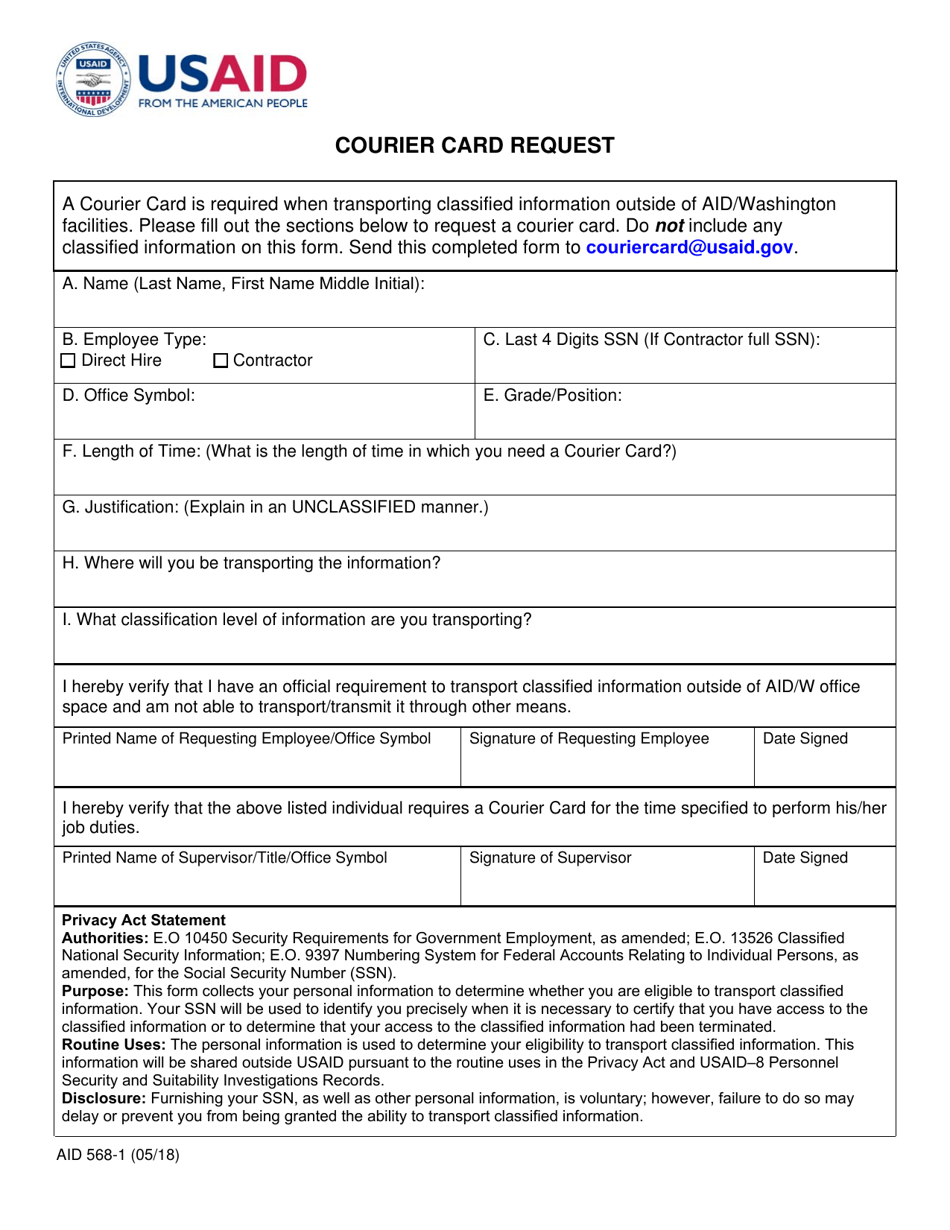 Form AID568-1 Courier Card Request, Page 1