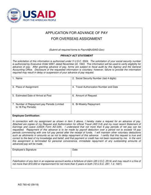 Form AID760-42 Application for Advance of Pay for Overseas Assignment