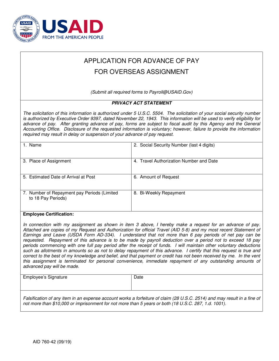 Form AID760-42 Application for Advance of Pay for Overseas Assignment, Page 1