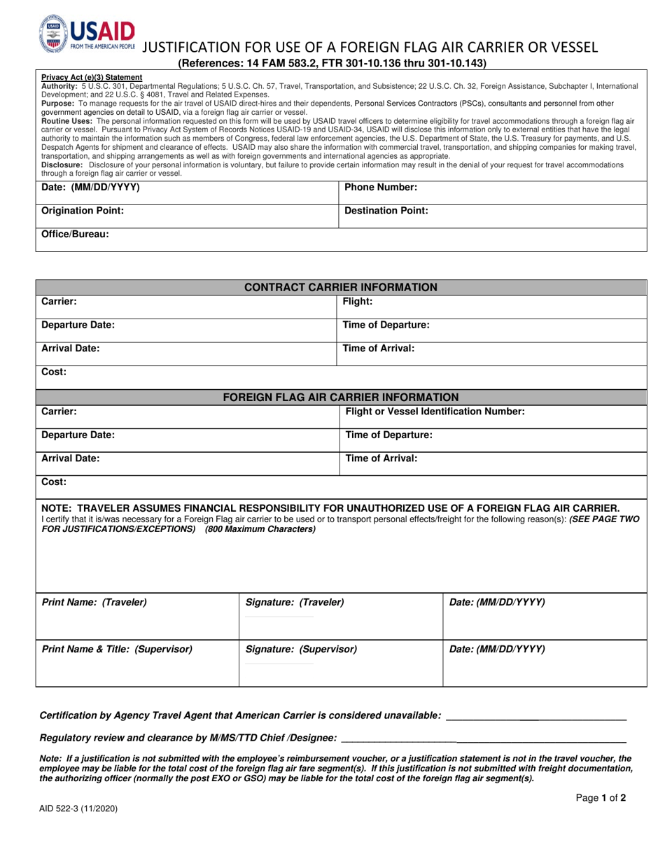 Form AID522-3 Justification for Use of a Foreign Flag Air Carrier or Vessel, Page 1