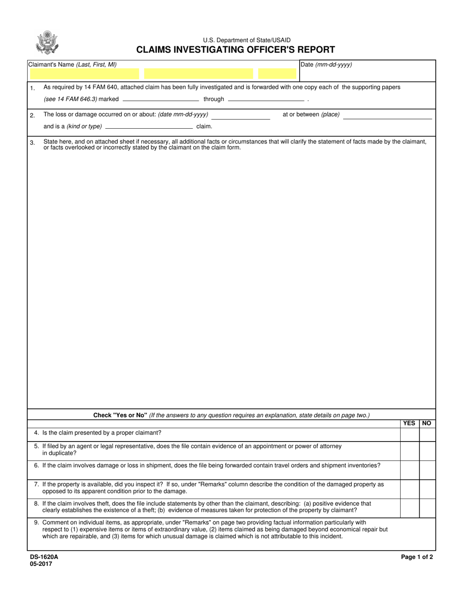 Form DS-1620A Claims Investigating Officers Report, Page 1