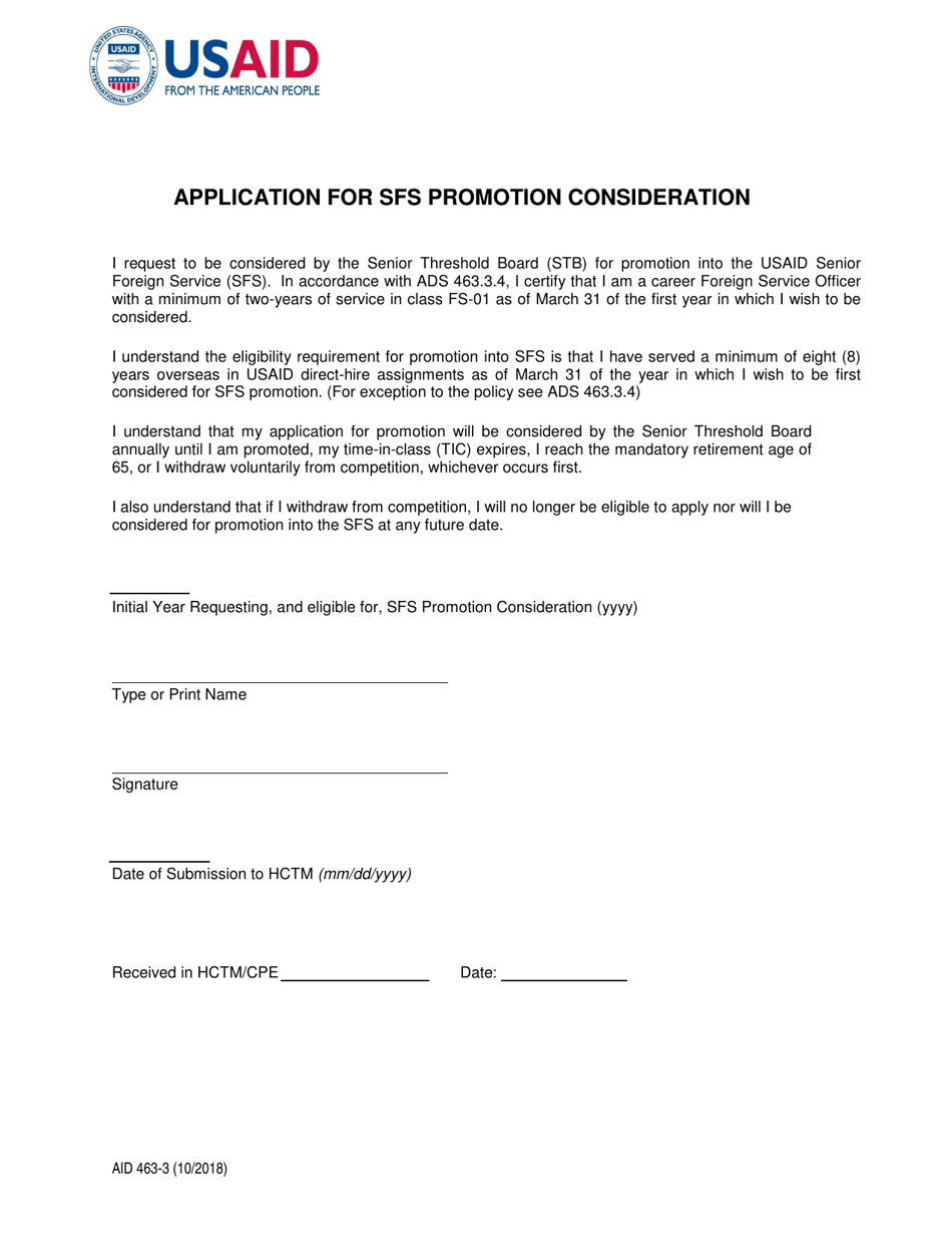Form AID463-3 Application for Sfs Promotion Consideration, Page 1