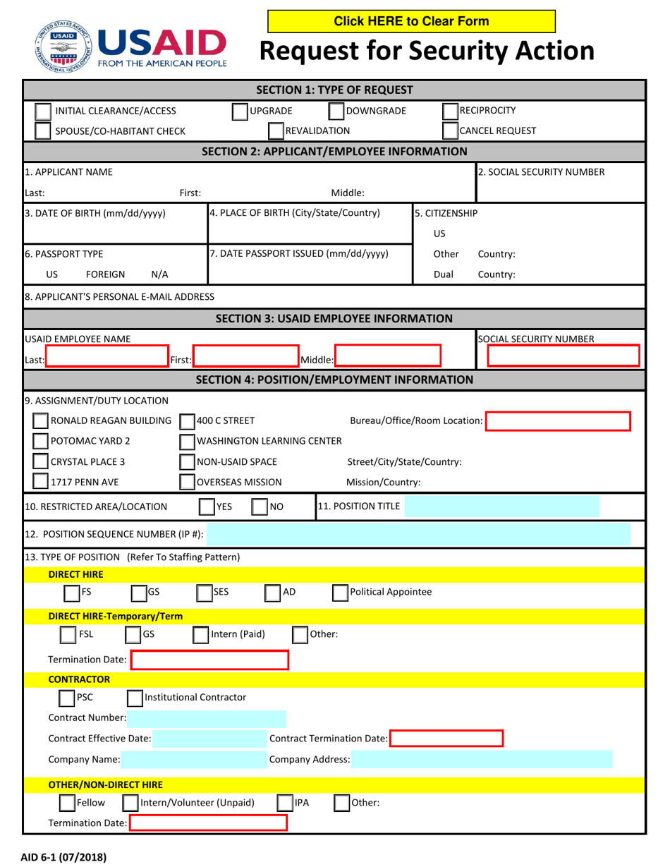 Form AID6-1 Request for Security Action, Page 1