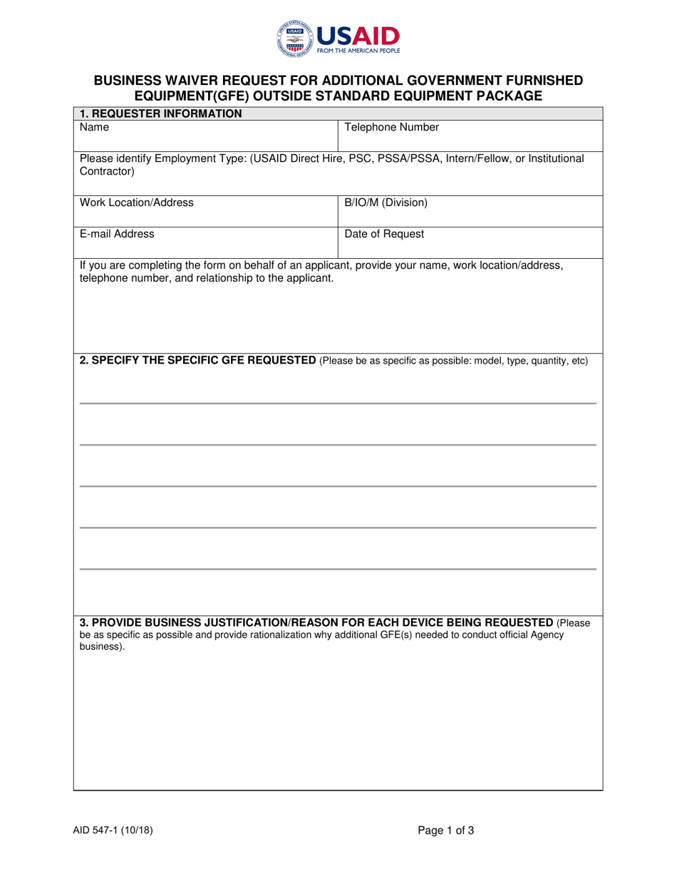 Form AID547-1 Business Waiver Request for Additional Government Furnished Equipment(GFE) Outside Standard Equipment Package, Page 1