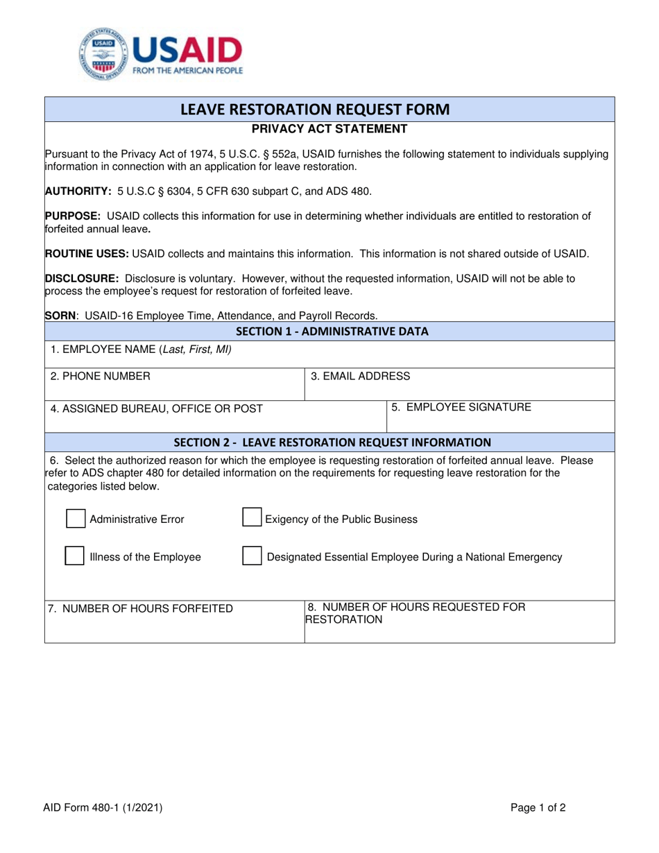 Form AID480-1 Leave Restoration Request Form, Page 1