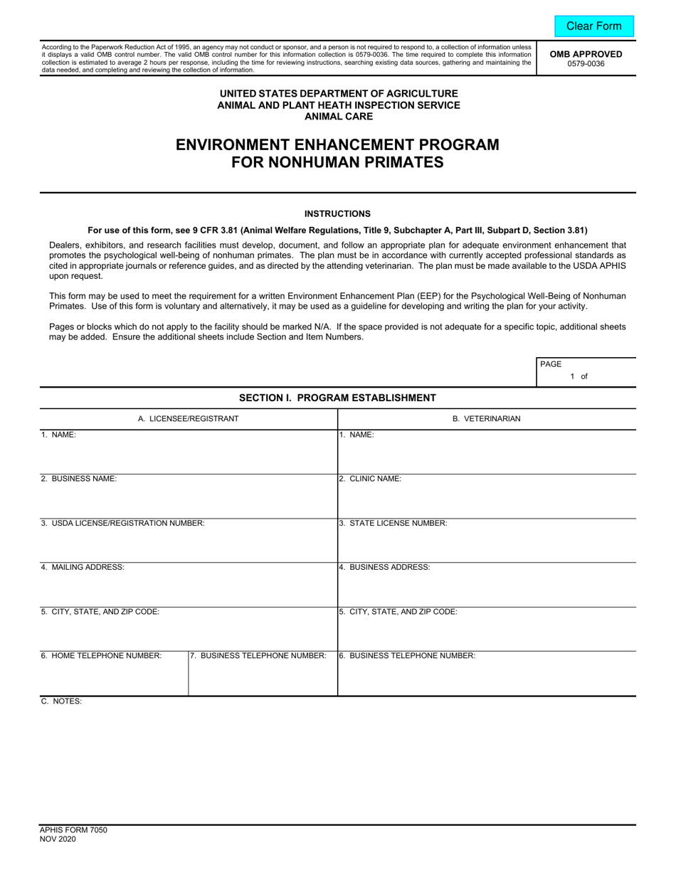APHIS Form 7050 Environment Enhancement Program for Nonhuman Primates, Page 1