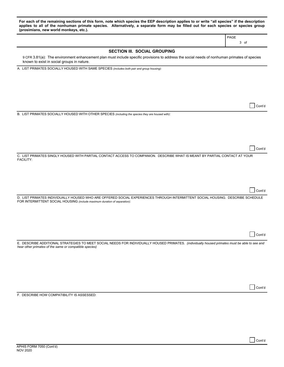 APHIS Form 7050 Environment Enhancement Program for Nonhuman Primates, Page 3