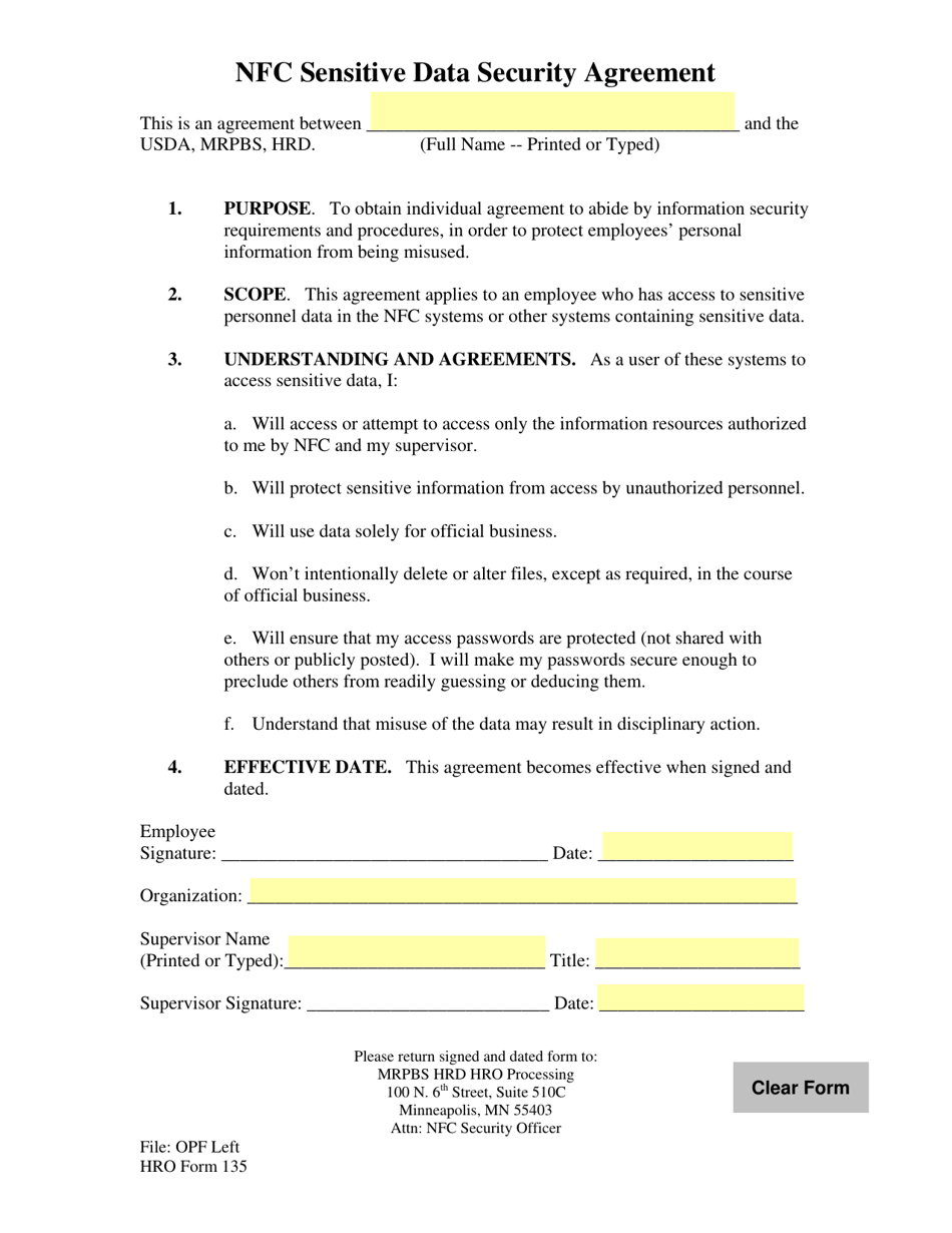 HRO Form 135 Nfc Sensitive Data Security Agreement, Page 1