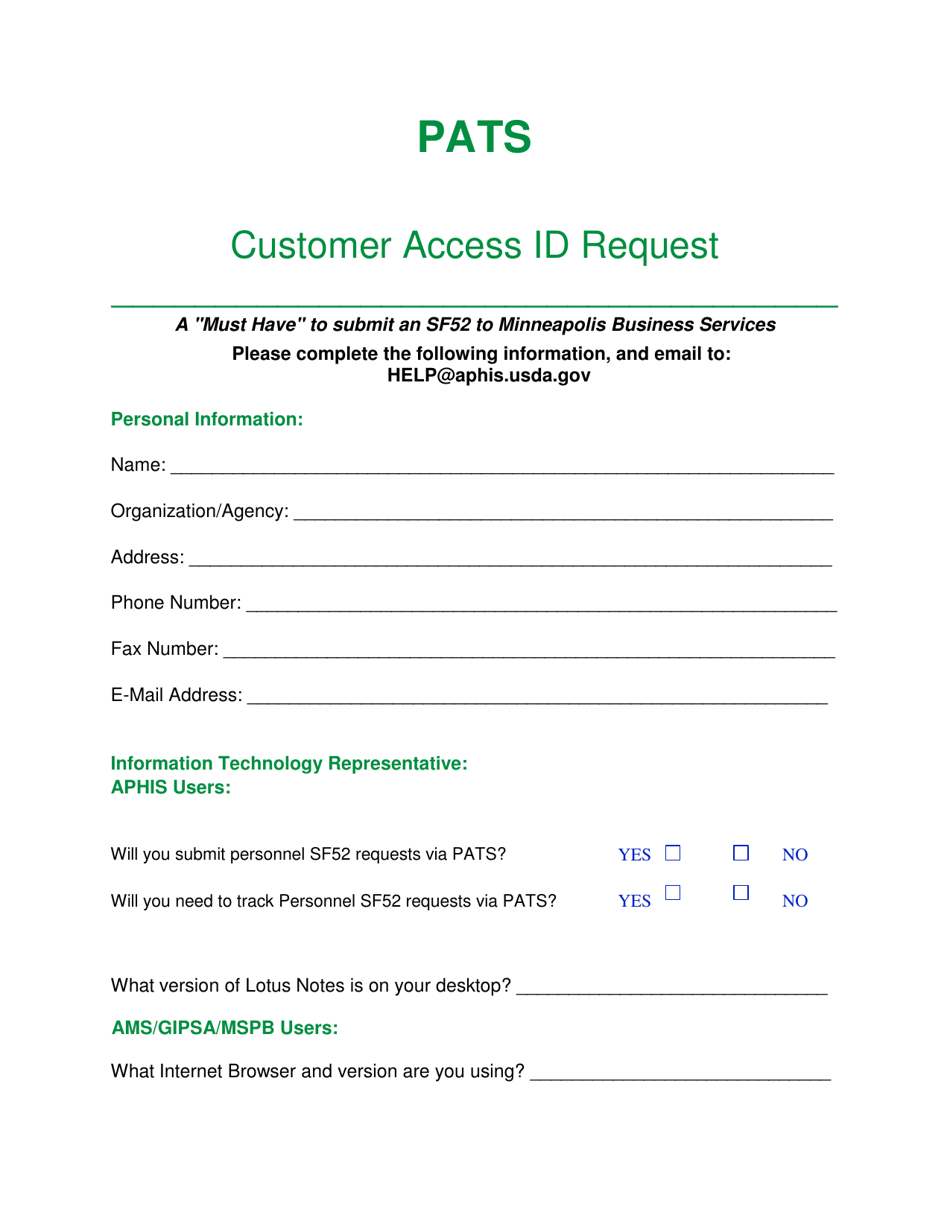 Pats Customer Access Id Request, Page 1