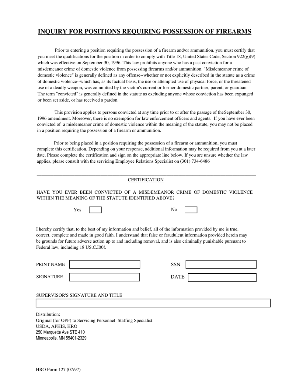 HRO Form 127 Inquiry for Positions Requiring Possession of Firearms, Page 1