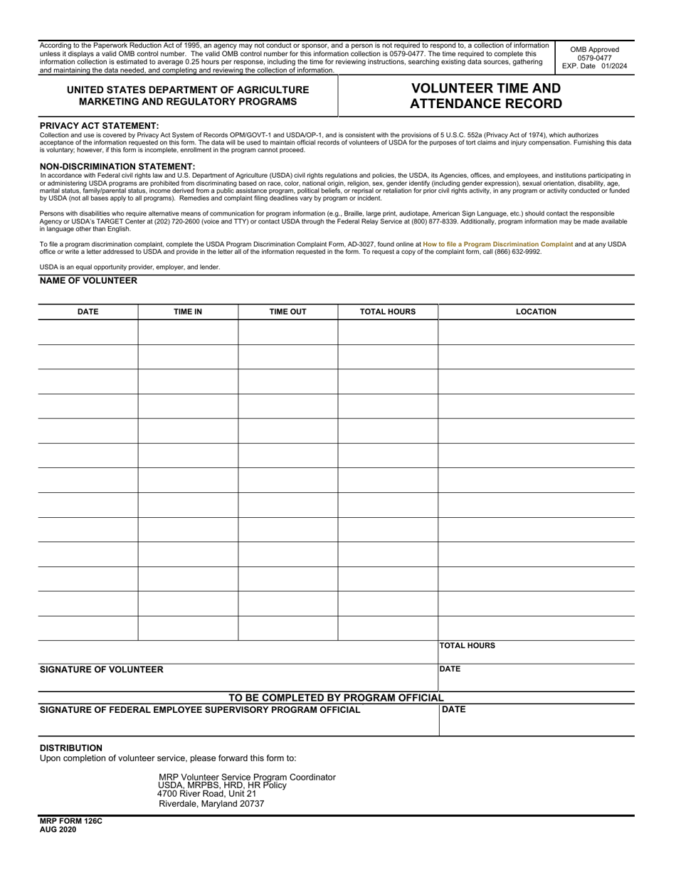 MRP Form 126C Volunteer Time and Attendance Record, Page 1