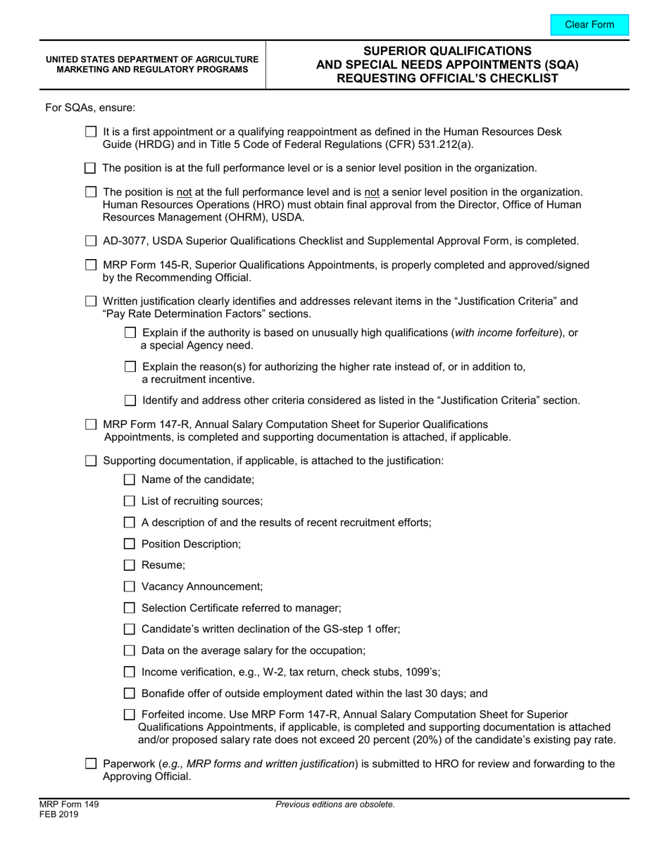 MRP Form 149 Superior Qualifications and Special Needs Appointments (Sqa) Requesting Officials Checklist, Page 1