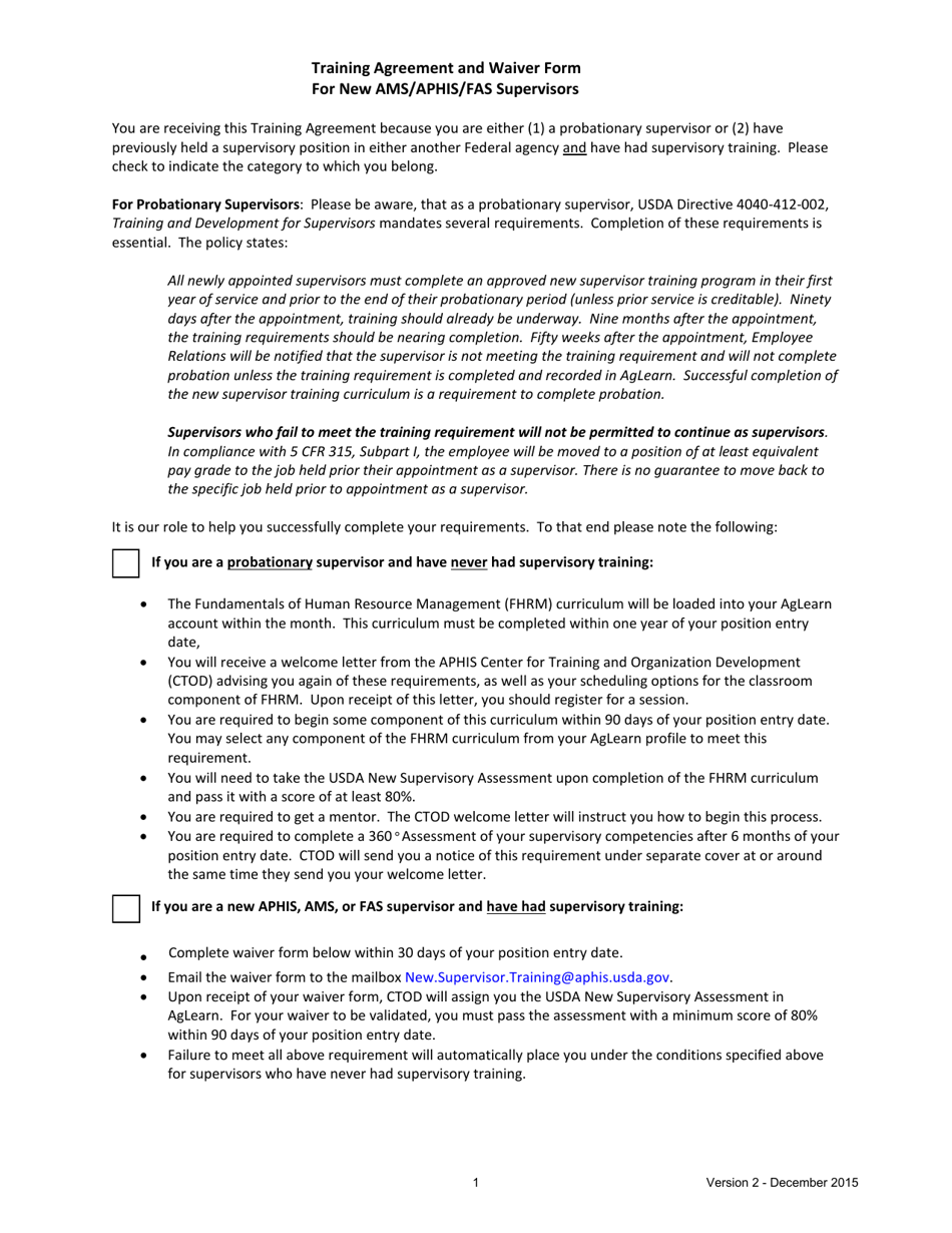 Training Agreement and Waiver Form for New Ams / Aphis / Fas Supervisors, Page 1