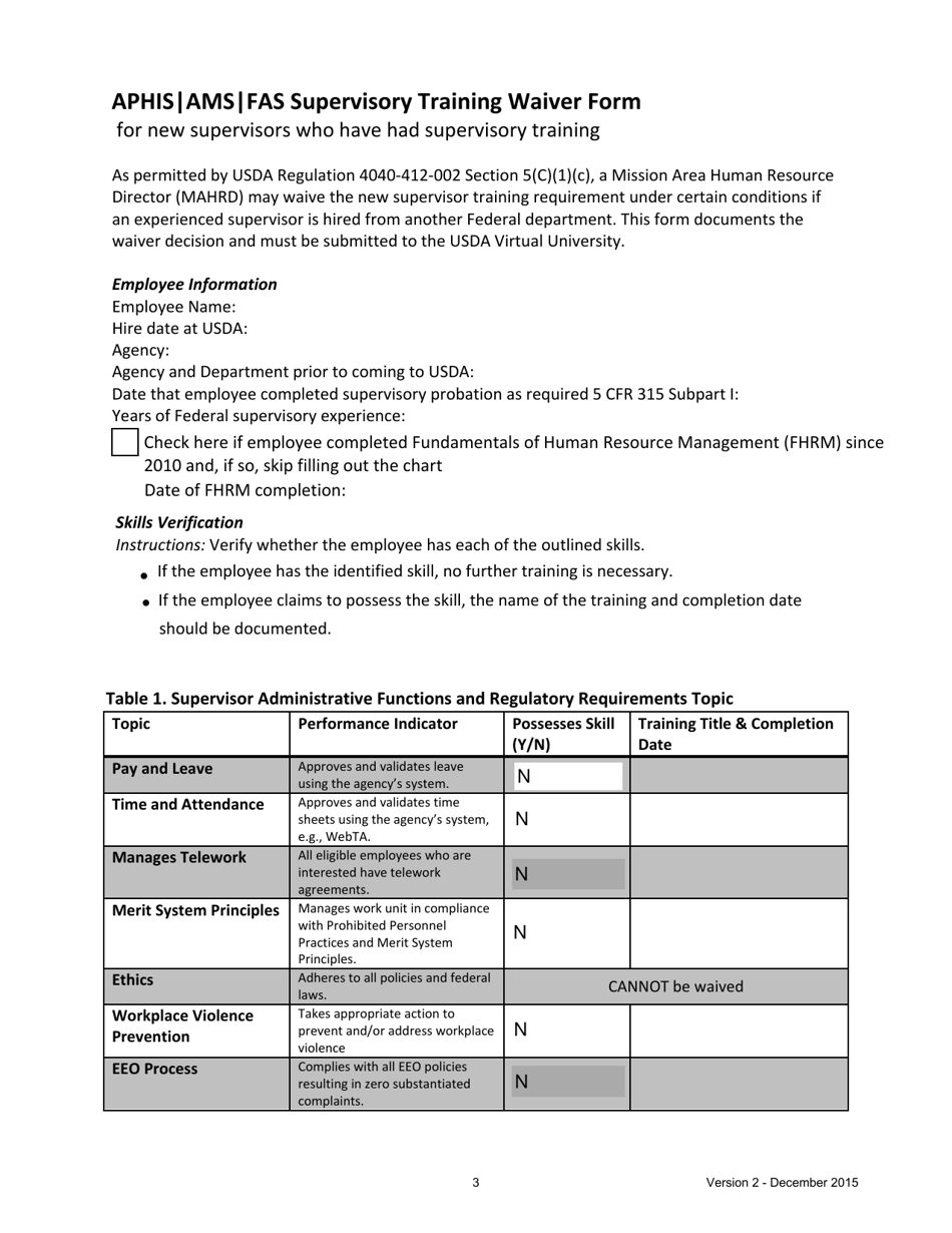 Training Agreement and Waiver Form for New Ams / Aphis / Fas Supervisors, Page 3