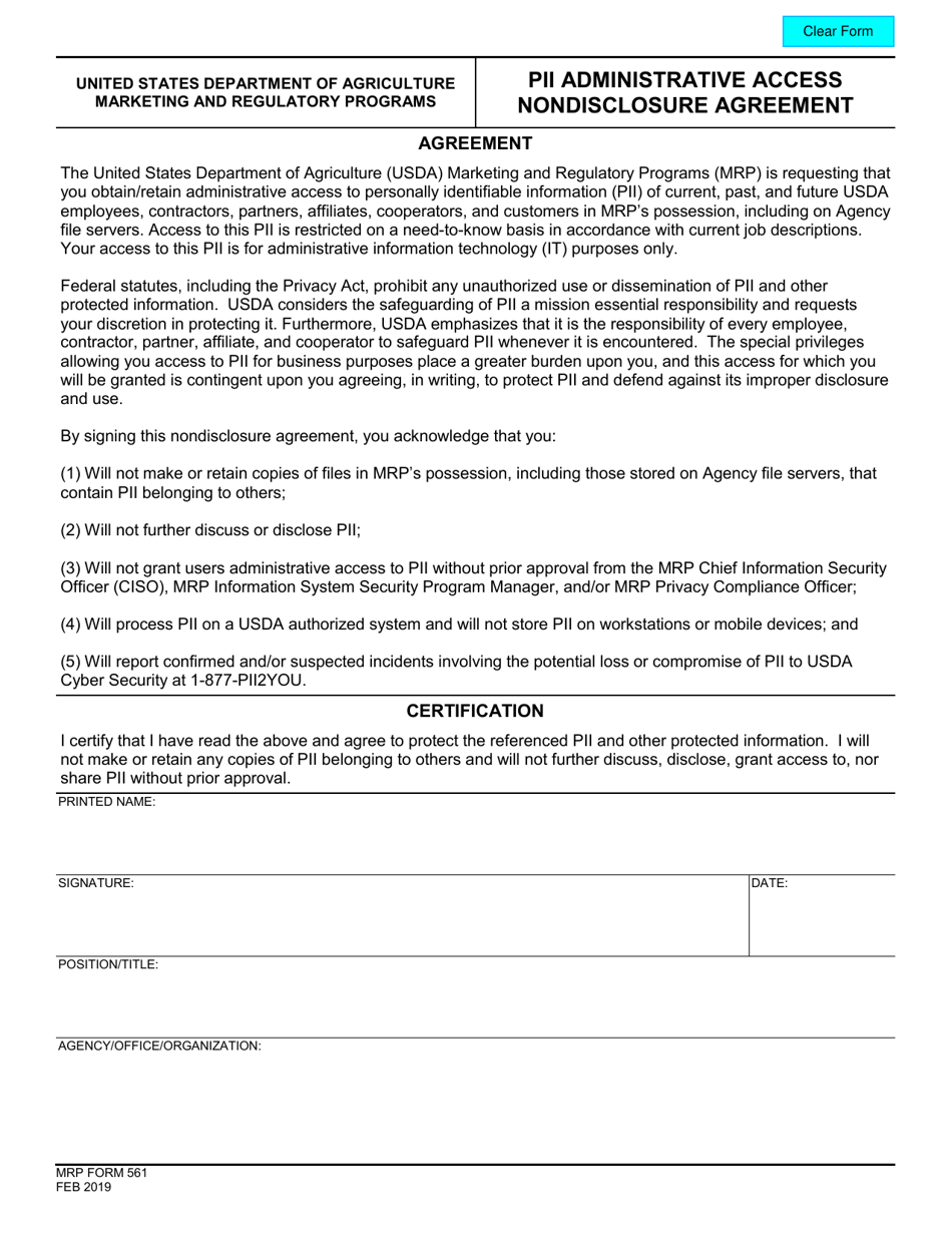 MRP Form 561 Pii Administrative Access Nondisclosure Agreement, Page 1