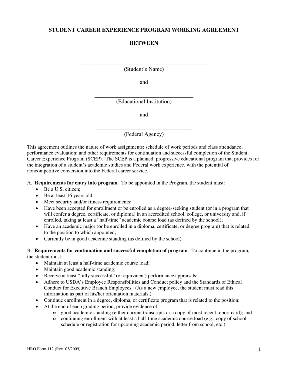 HRO Form 112 Student Career Experience Program Working Agreement, Page 1