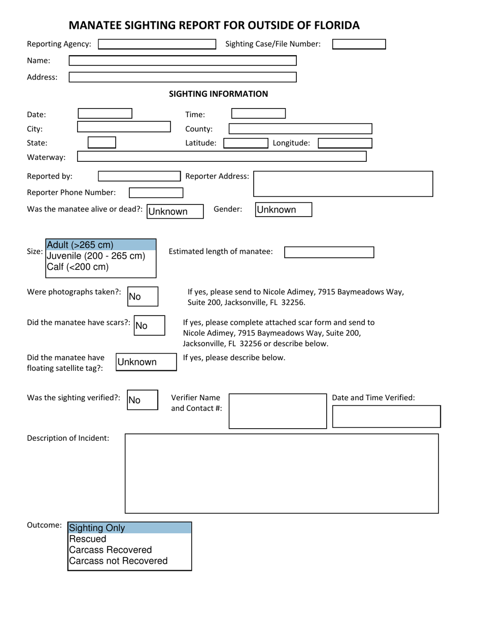 Florida Manatee Sighting Report for Outside of Florida - Fill Out, Sign ...