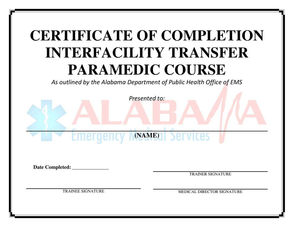 Alabama Certificate of Completion Interfacility Transfer Paramedic