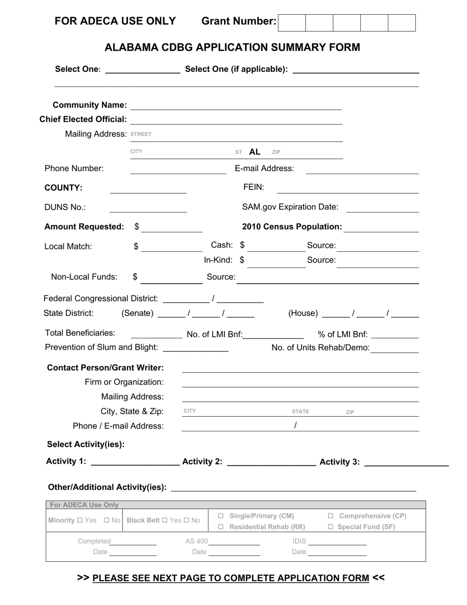Alabama Cdbg Application Summary Form - Alabama, Page 1