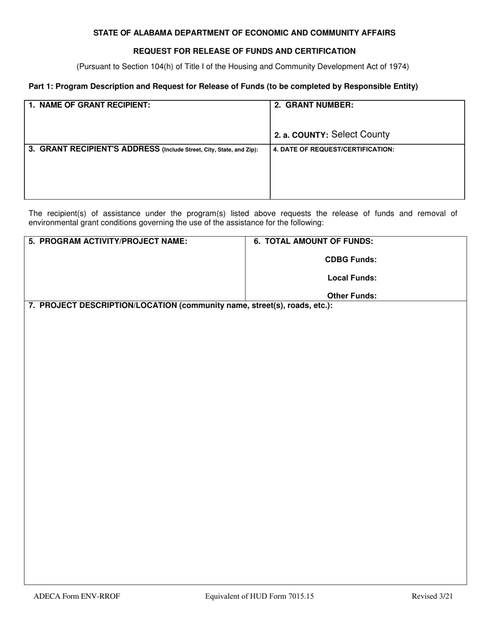 ADECA Form ENV-RROF Request for Release of Funds and Certification - Alabama, Page 1