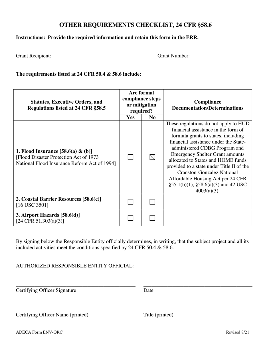 ADECA Form ENV-ORC Other Requirements Checklist, 24 Cfr 58.6 - Alabama, Page 1