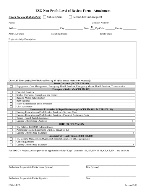 Form ESG-LRFA Esg Non-profit Level of Review Form - Attachment - Alabama