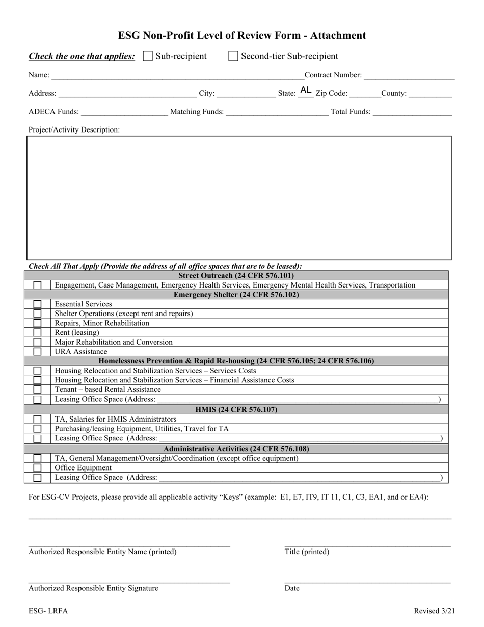 Form ESG-LRFA Esg Non-profit Level of Review Form - Attachment - Alabama, Page 1