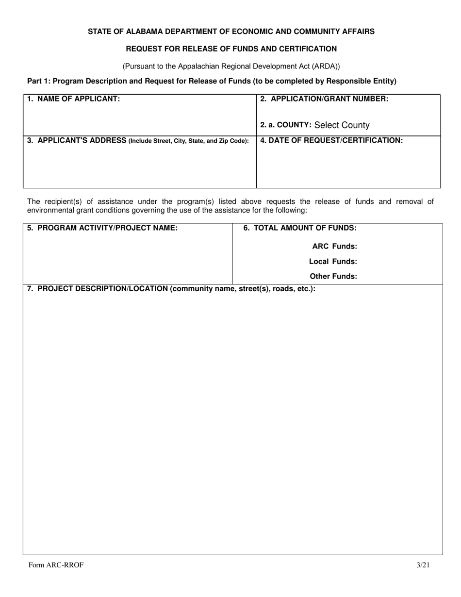 Form ARC-RROF Request for Release of Funds and Certification - Alabama, Page 1