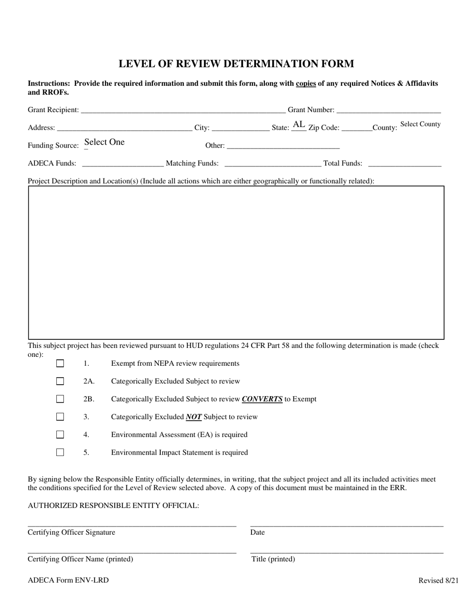 ADECA Form ENV-LRD Level of Review Determination Form - Alabama, Page 1