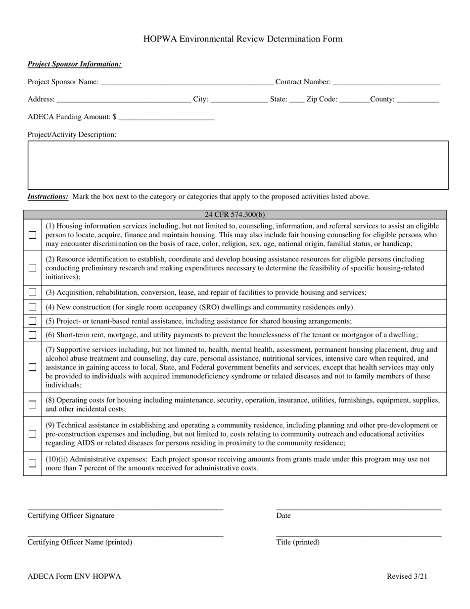 ADECA Form ENV-HOPWA Hopwa Environmental Review Determination Form - Alabama, Page 1