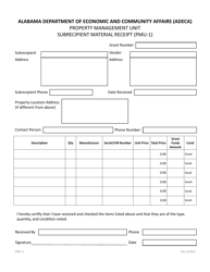 Document preview: Form PMU-1 Subrecipient Material Receipt - Alabama