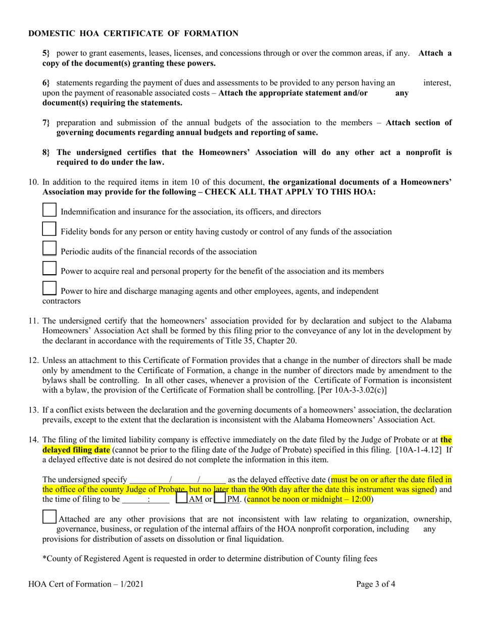 Homeowners Association (Hoa) Domestic Nonprofit Corporation Certificate of Formation - Alabama, Page 3