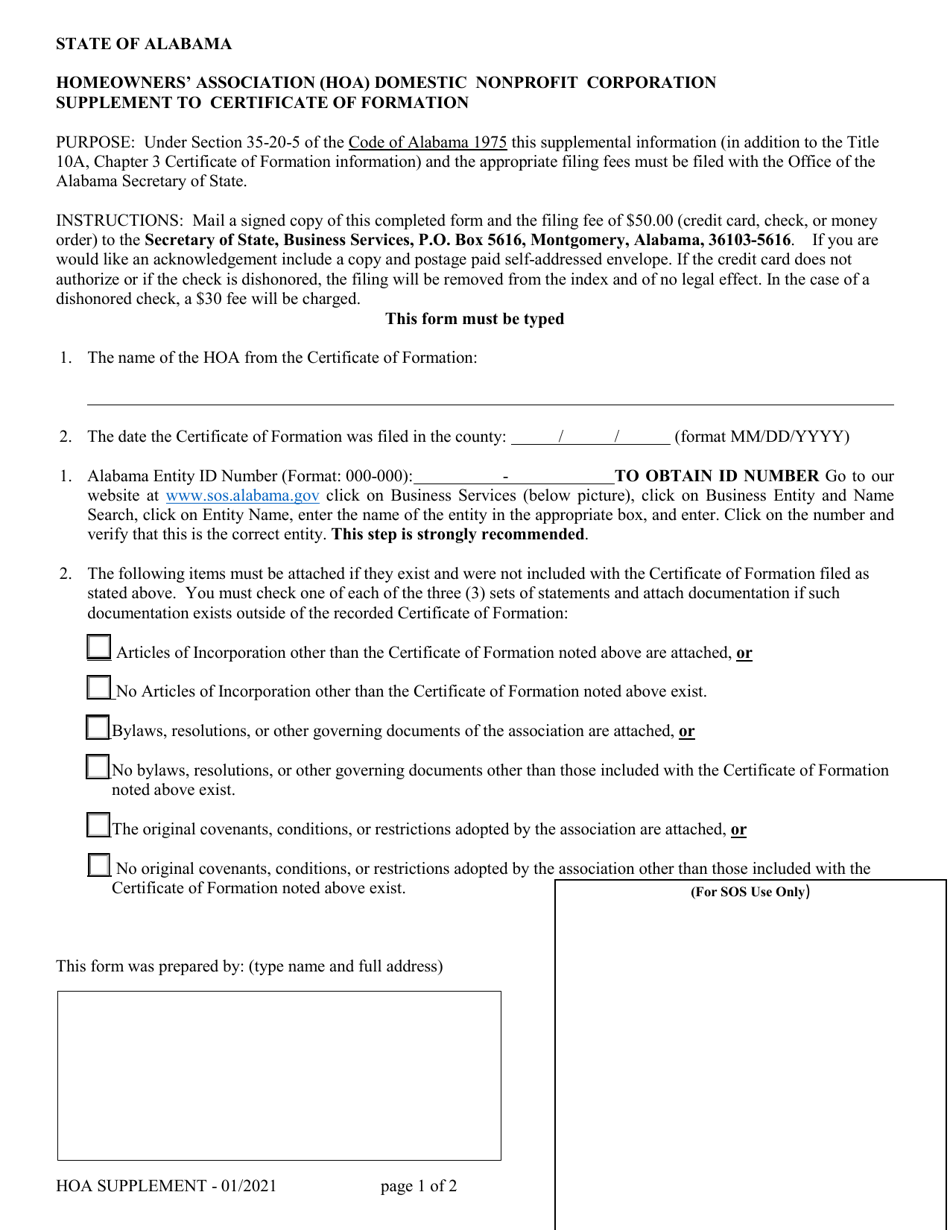 Homeowners Association (Hoa) Domestic Nonprofit Corporation Supplement to Certificate of Formation - Alabama, Page 1