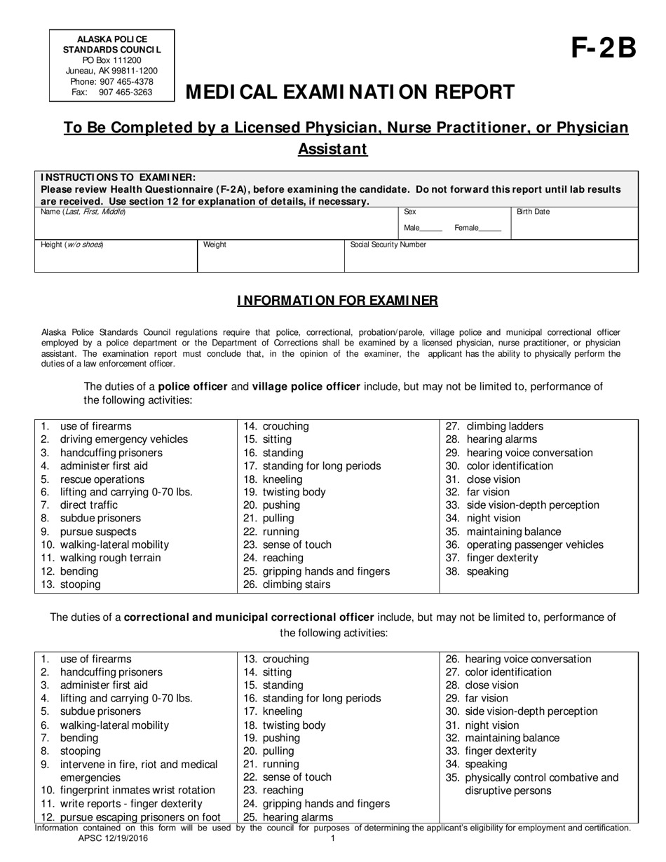 Form F-2B Medical Examination Report - Alaska, Page 1