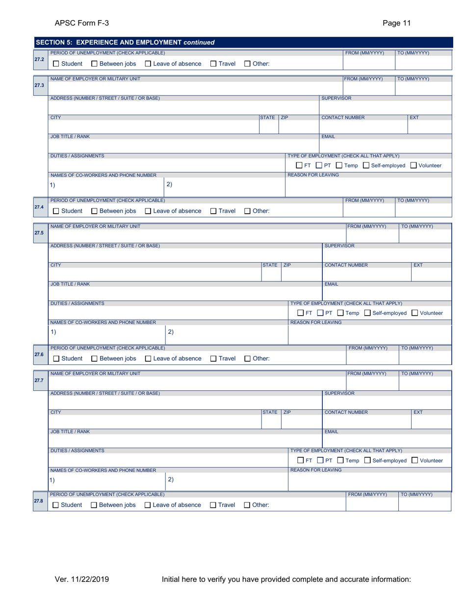 APSC Form F-3 Personal History Statement - Alaska, Page 11