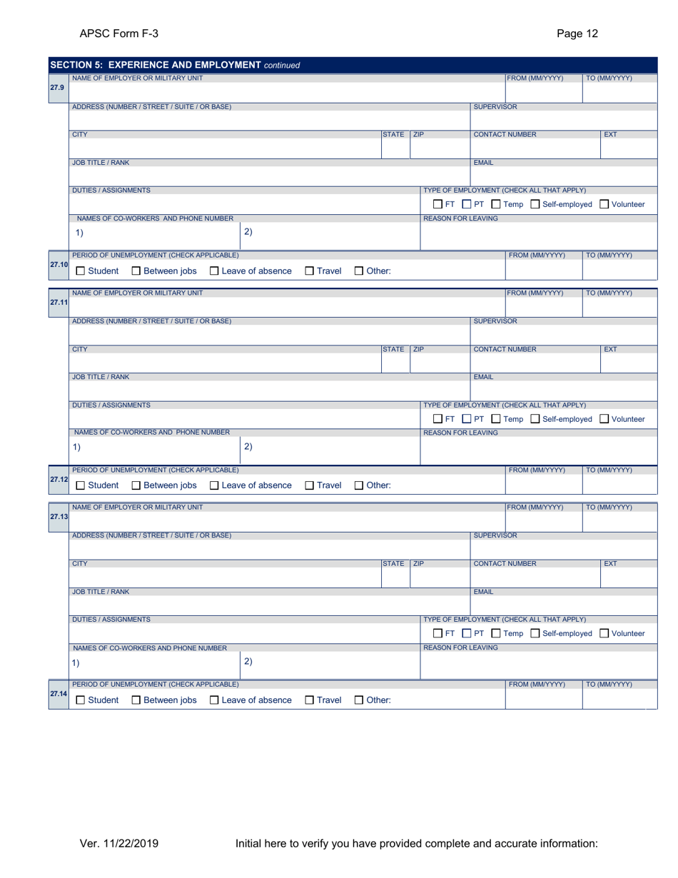 APSC Form F-3 Personal History Statement - Alaska, Page 12