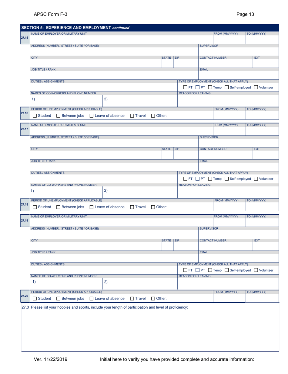 APSC Form F-3 Personal History Statement - Alaska, Page 13