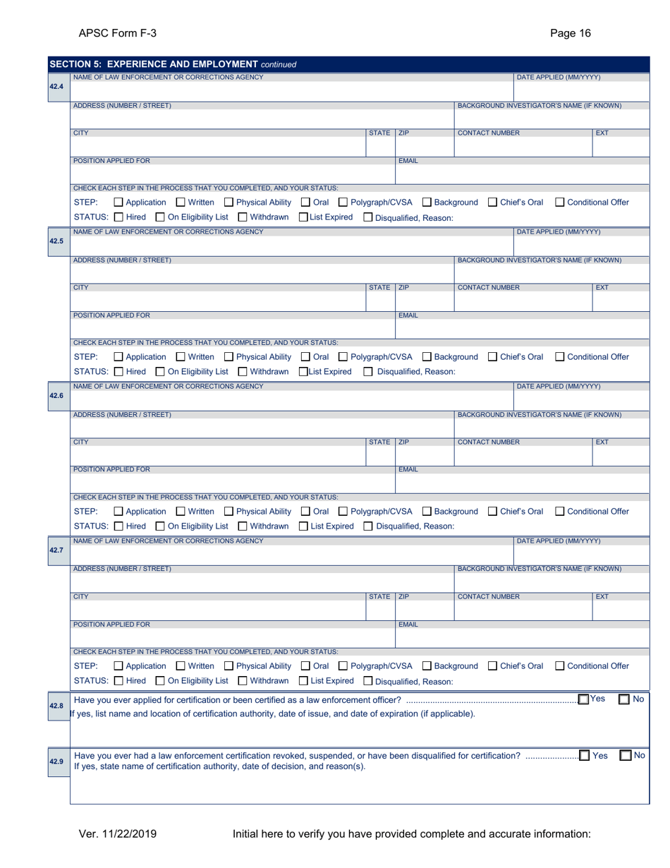 APSC Form F-3 Personal History Statement - Alaska, Page 16