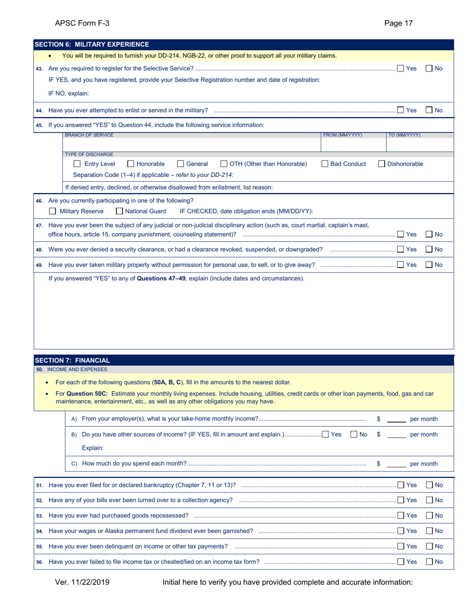 APSC Form F-3 Personal History Statement - Alaska, Page 17