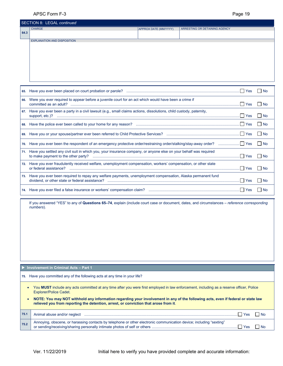 APSC Form F-3 Personal History Statement - Alaska, Page 19