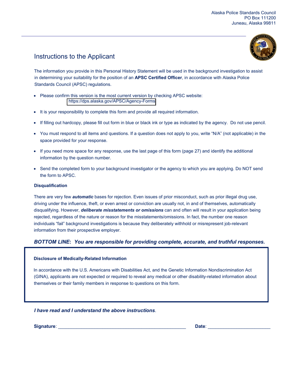 APSC Form F-3 Personal History Statement - Alaska, Page 1