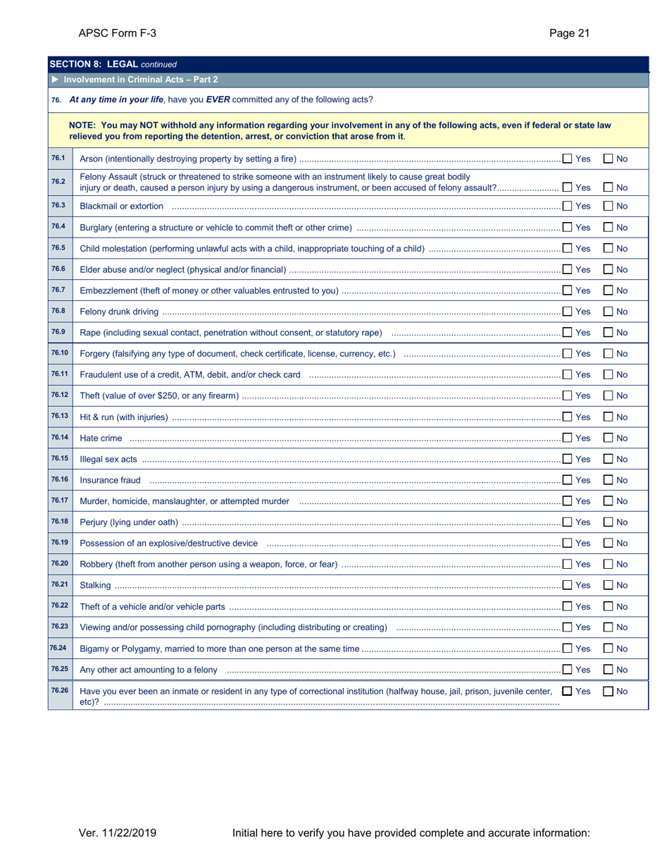 APSC Form F-3 Personal History Statement - Alaska, Page 21