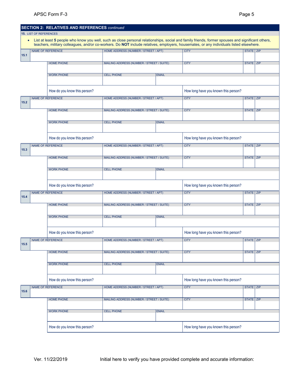 APSC Form F-3 Personal History Statement - Alaska, Page 5